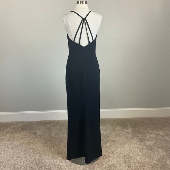 Black Beaded Backless Long Evening Gown Size 10 Nightway Sleeveless Thigh Slit - Picture 2 of 13